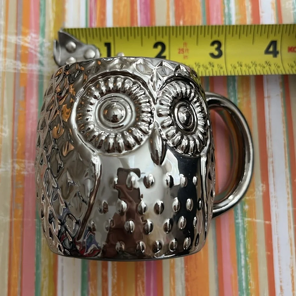 West Elm Owl Mug Silver Metallic Cup small Chi Omega Textured